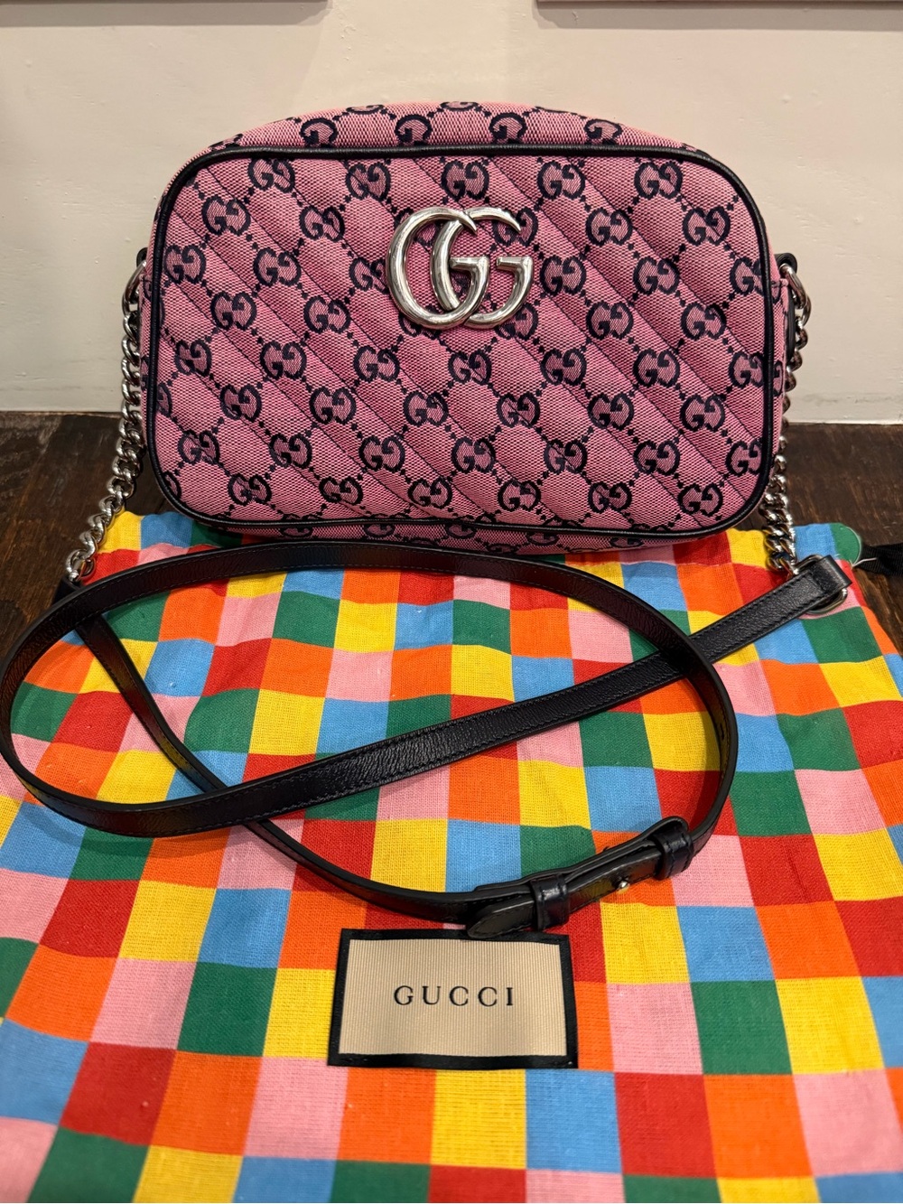 Gucci Pink GG Quilted Canvas Crossbody with navy leather trim